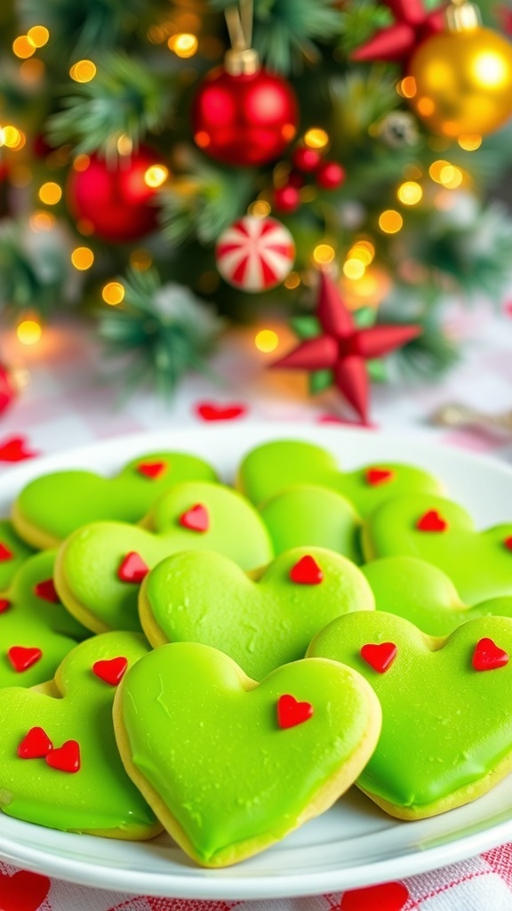 A festive plate of green heart-shaped cookies with red sprinkles, perfect for Christmas.
